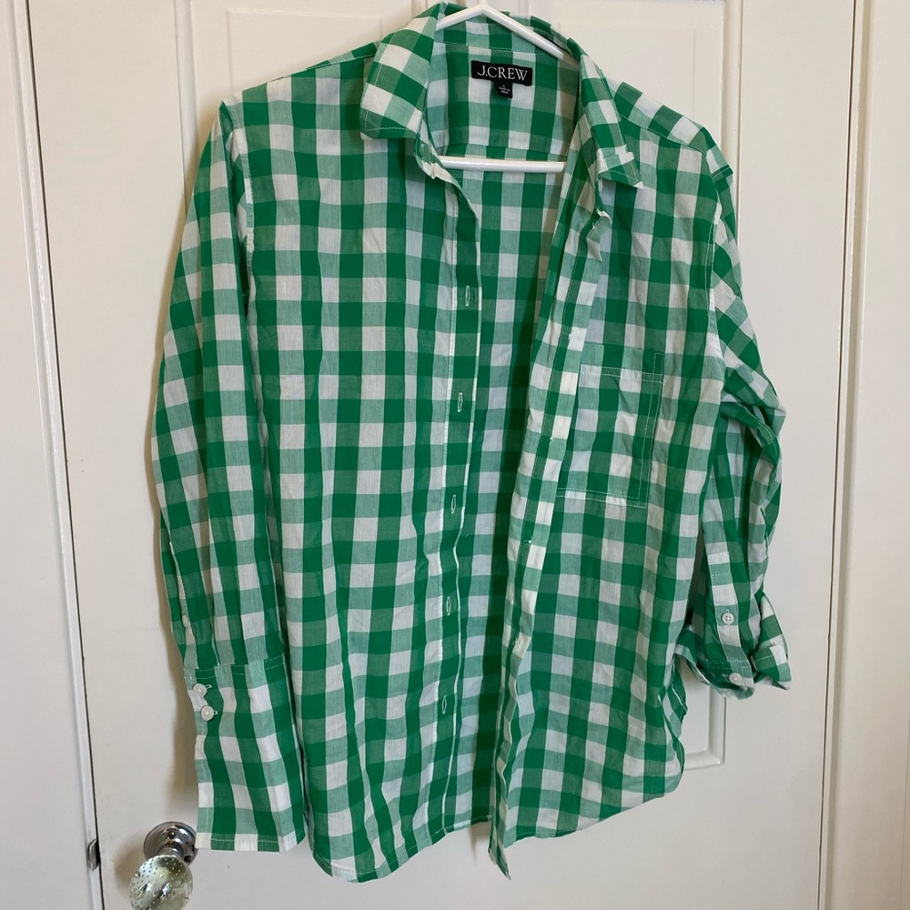 J. Crew Checkered Green and White Shirt